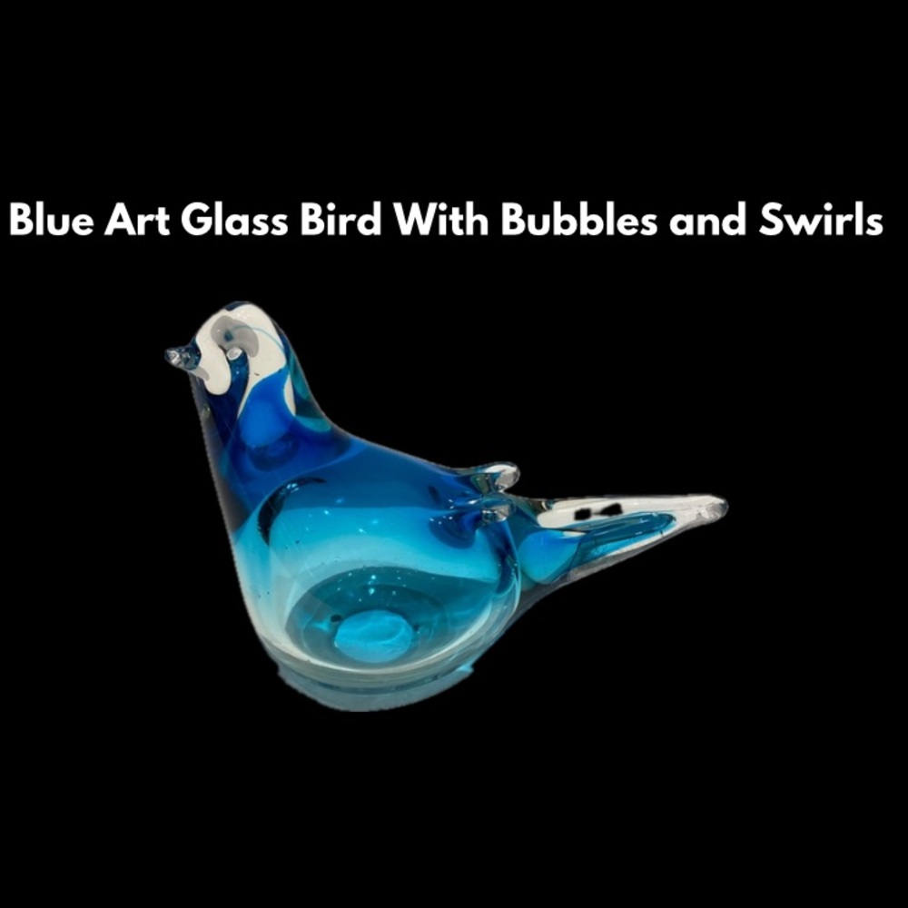Blue Art Glass Bird With Bubbles and Swirls